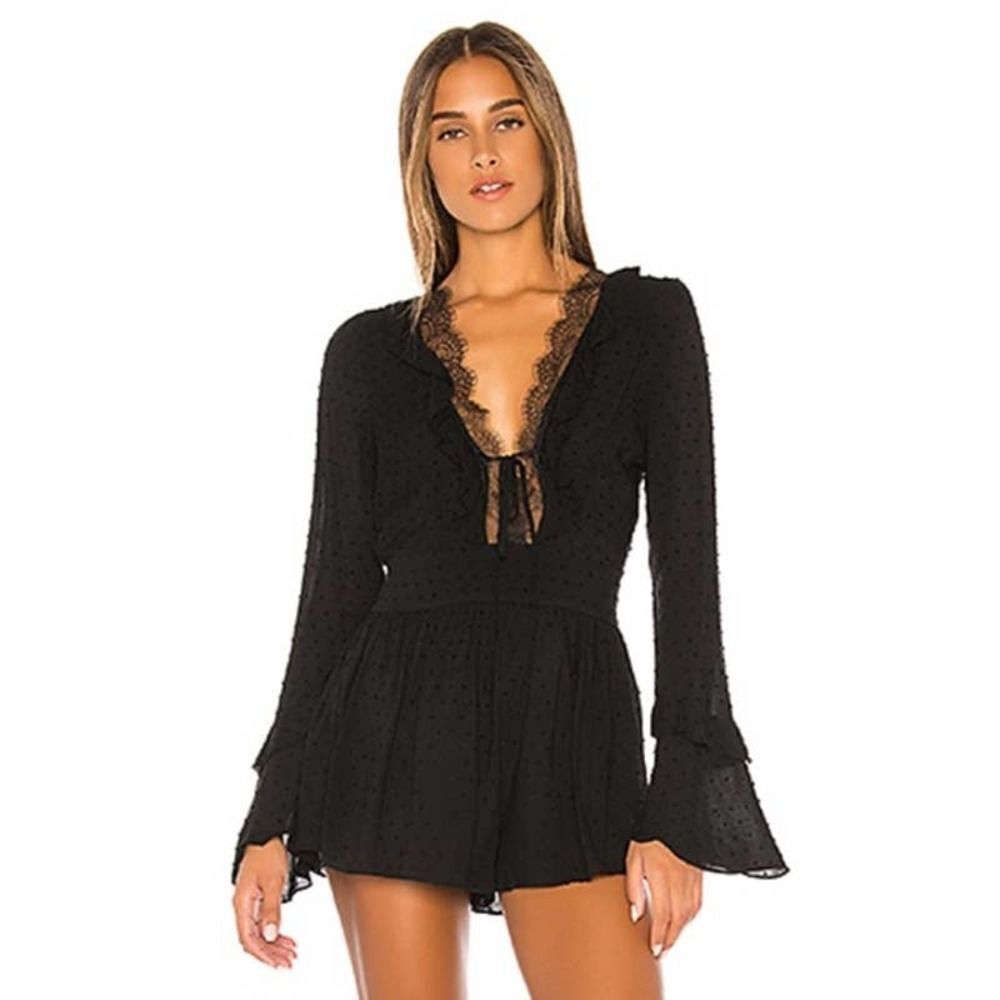 Blue Life Bowie black swiss Dot ruffled long sleeve v neck romper women xs